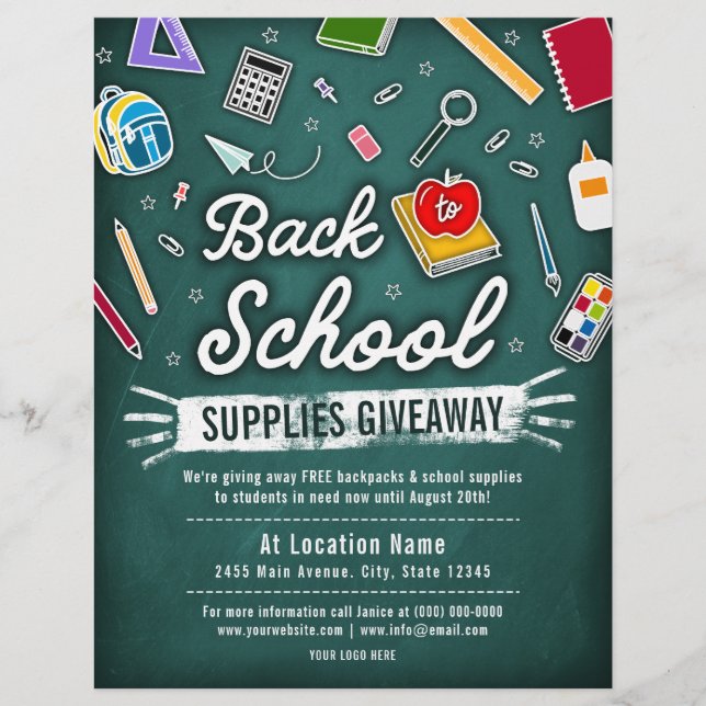 Back To School Supply Giveaway Green Chalkboard Flyer (Front)