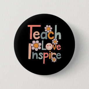 Back To School Teach Love Inspire Retro Teachers W 6 Cm Round Badge