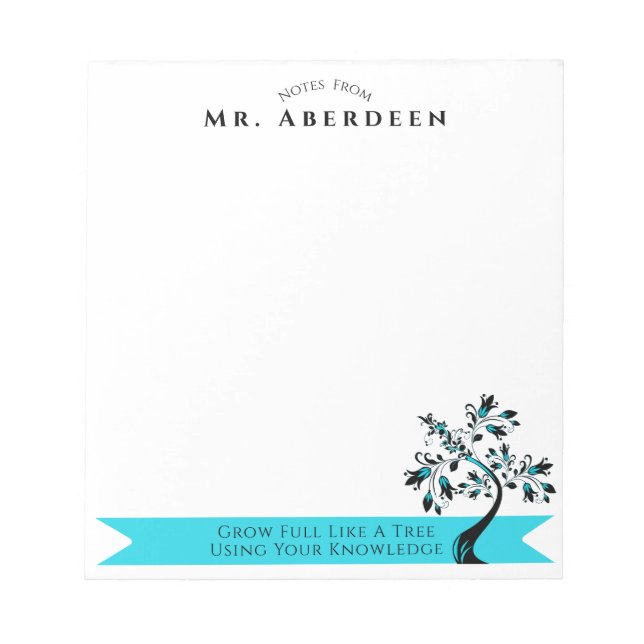 Back To School Teacher Blue Floral Tree Custom Notepad (Front)