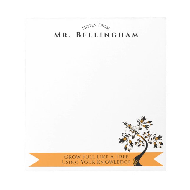 Back To School Teacher Orange Floral Tree Custom Notepad (Front)