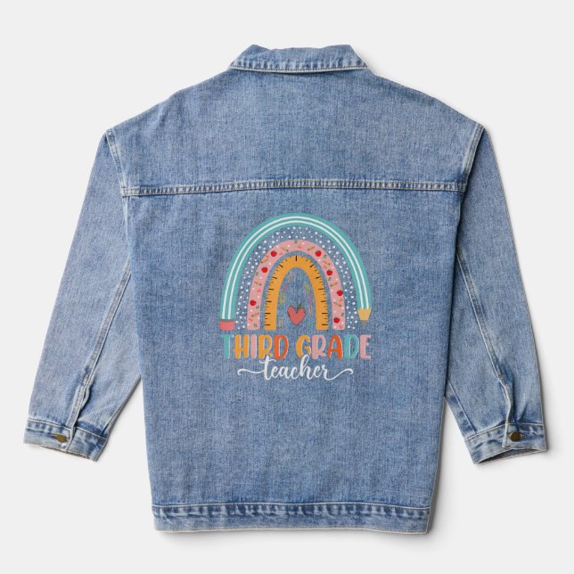 Back To School Third Grade Teacher Rainbow Boho  Denim Jacket (Back)