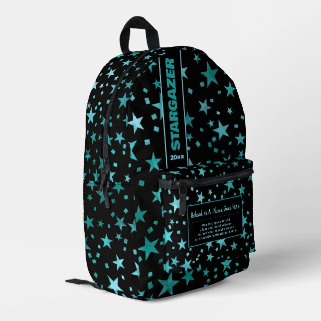 Back To School Turquoise Blue Black Starry Night Printed Backpack (Back Corner Left)