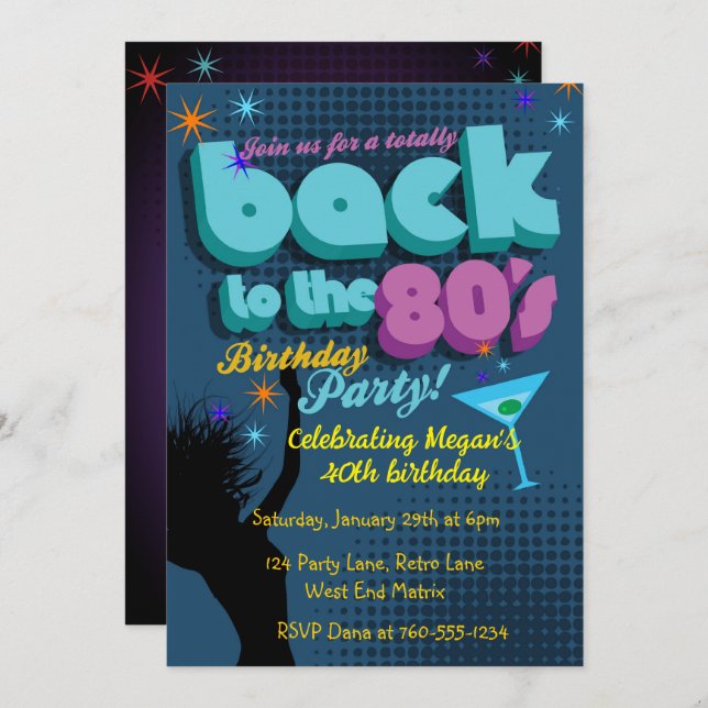 Back to the 80's Birthday Party invitation (Front/Back)