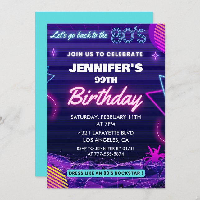 Back To The 80s Party 99th birthday invitations (Front/Back)