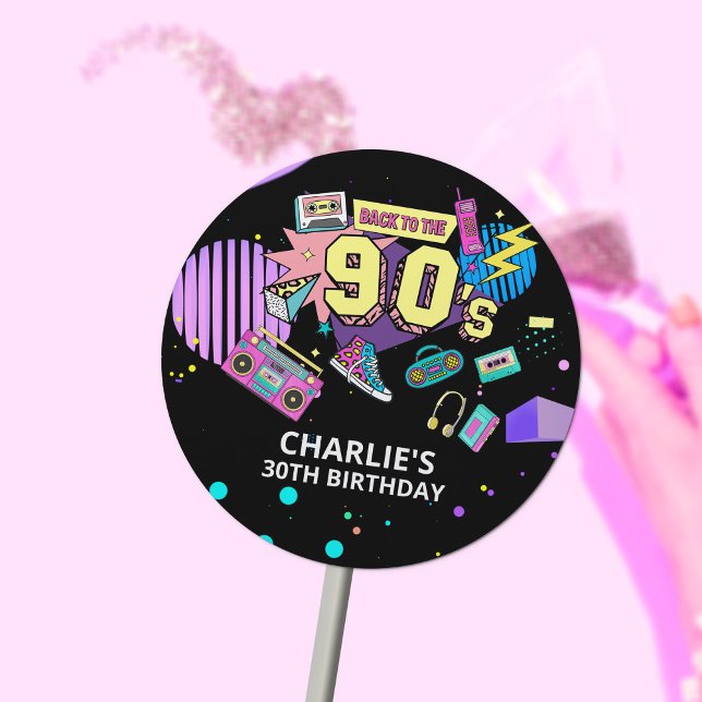 Back to the 90s Modern Retro Neon 30th Birthday Classic Round Sticker (Creator Uploaded)