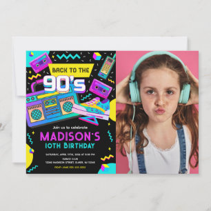 Back to the 90s Photo Modern Retro Neon Birthday Invitation