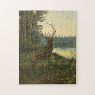 Back view of Elk Looking over a Lake Jigsaw Puzzle