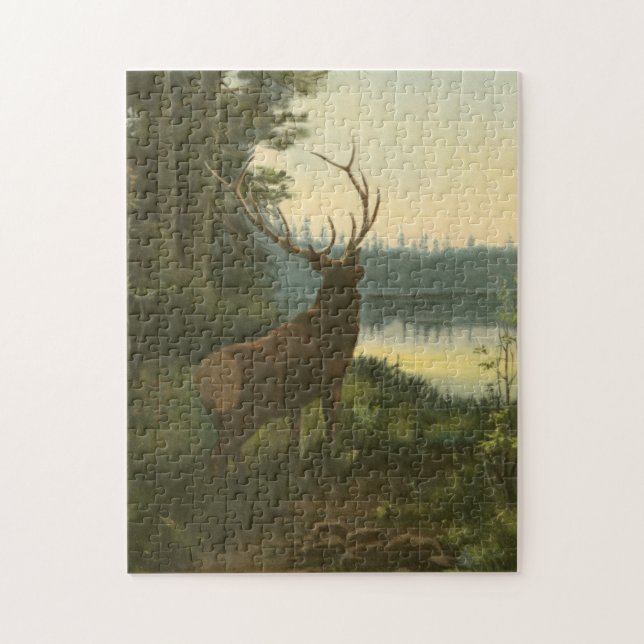 Back view of Elk Looking over a Lake Jigsaw Puzzle (Vertical)