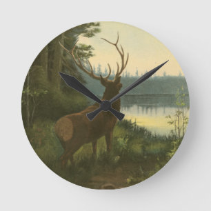 Back view of Elk Looking over a Lake Round Clock