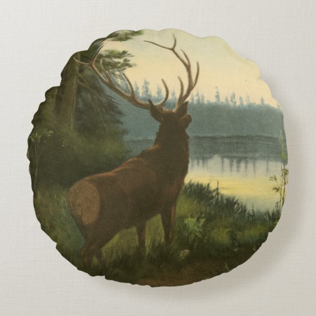 Back view of Elk Looking over a Lake Round Cushion (Front)