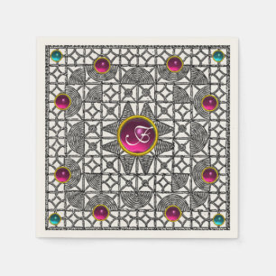 BACK WHITE GEOMETRIC LACE PINK GEM STONE MONOGRAM NAPKIN