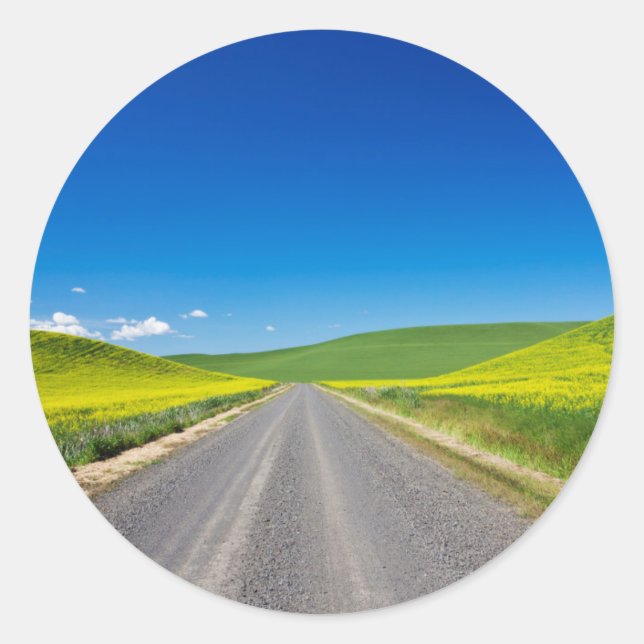 Backcountry road through Spring Canola Fields Classic Round Sticker (Front)