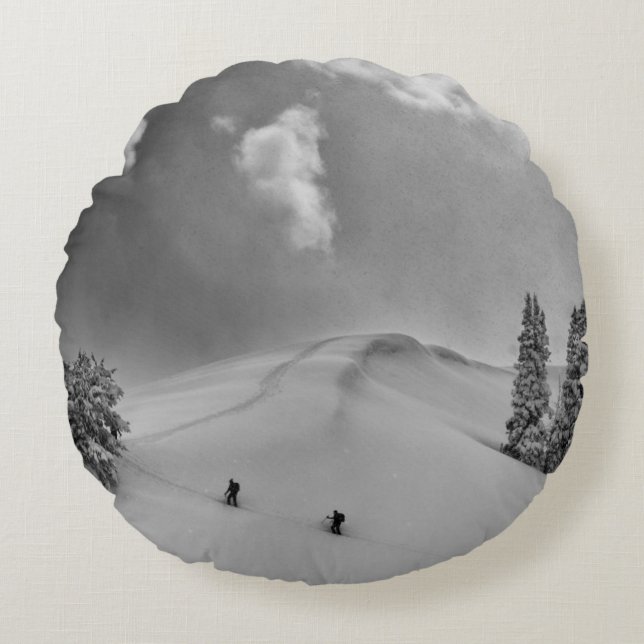 Backcountry Ski Climbers in fresh powder Round Cushion (Front)