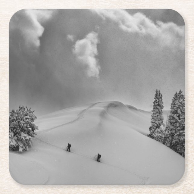 Backcountry Ski Climbers in fresh powder Square Paper Coaster (Front)