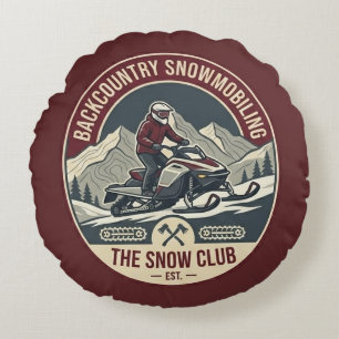Backcountry Snowmobiling Adventure Badge Round Cushion
