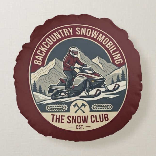 Backcountry Snowmobiling Adventure Badge Round Cushion (Front)