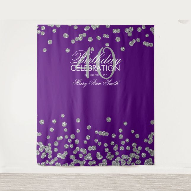 Backdrop 40th Birthday Silver Purple Confetti Tapestry (Front)