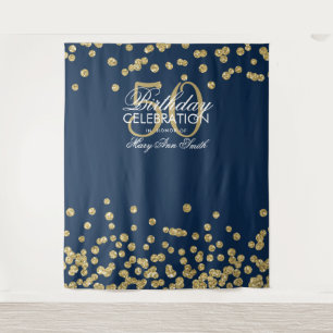 Backdrop 50th Birthday Gold Navy Blue Confetti Tapestry