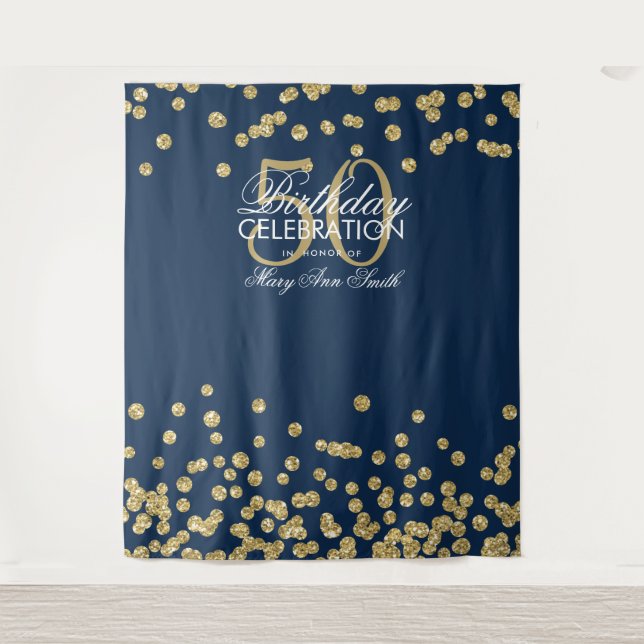 Backdrop 50th Birthday Gold Navy Blue Confetti Tapestry (Front)