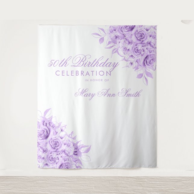 Backdrop 50th Birthday Party Floral Purple & White Tapestry (Front)