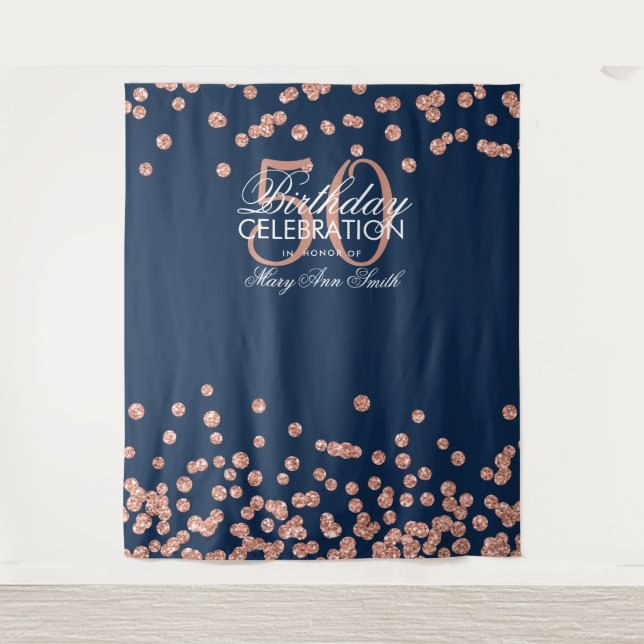 Backdrop 50th Birthday Rose Gold Navy Confetti Tapestry (Front)