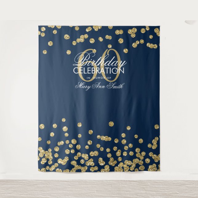 Backdrop 60th Birthday Gold Navy Blue Confetti Tapestry (Front)