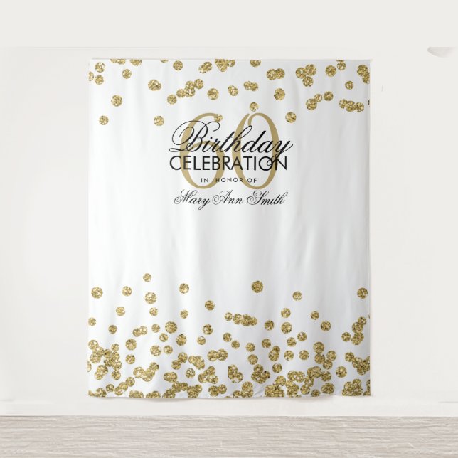 Backdrop 60th Birthday Gold White Confetti Tapestry (Front)