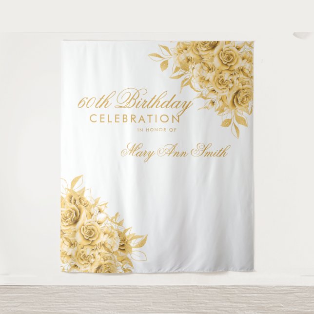 Backdrop 60th Birthday Party Floral Gold  Tapestry (Front)