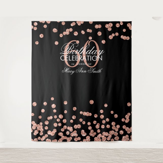 Backdrop 60th Birthday Rose Gold Black Confetti Tapestry (Front)