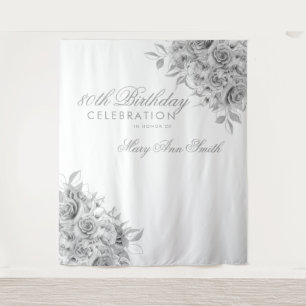 Backdrop 80th Birthday Party Floral Silver & White Tapestry