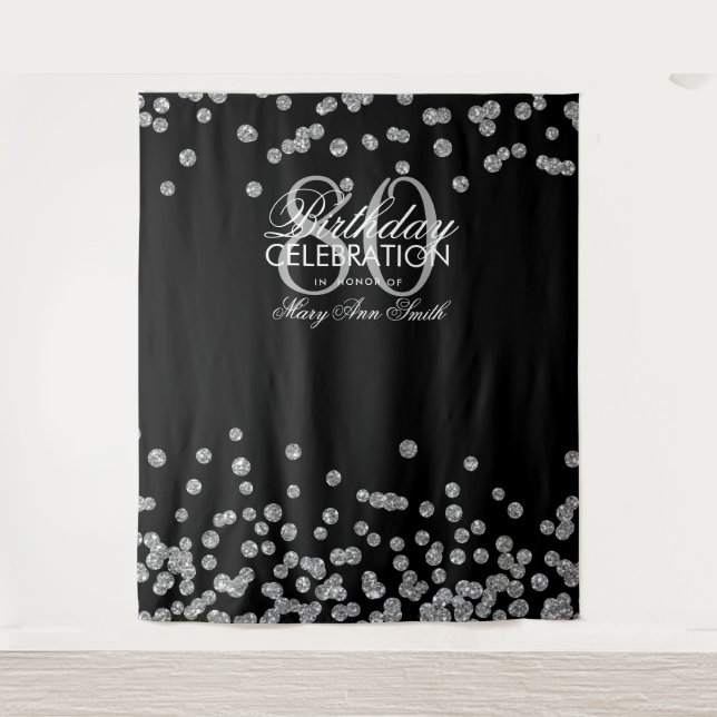 Backdrop 80th Birthday Silver Black Confetti Tapestry (Front)