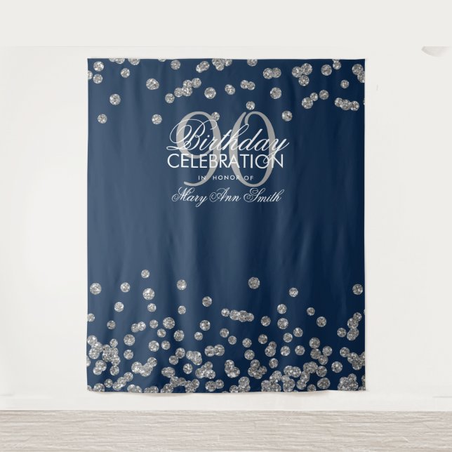 Backdrop 90th Birthday Silver Navy Blue Confetti Tapestry (Front)