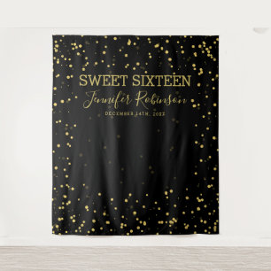 Backdrop Banner Sweet 16 Gold & Black Glitter Dots Tapestry