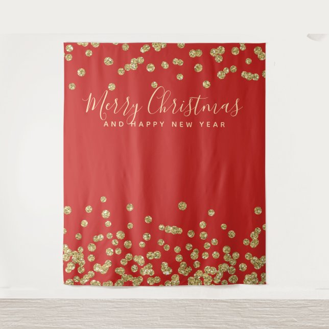 Backdrop Christmas Holiday Gold Red Confetti Tapestry (Front)
