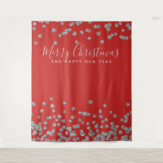 Backdrop Christmas Holiday Silver Red Confetti Tapestry (Front)