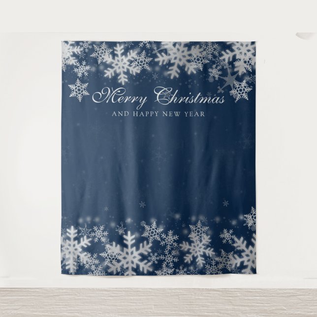 Backdrop Christmas Holiday Silver Snowflakes Navy Tapestry (Front)