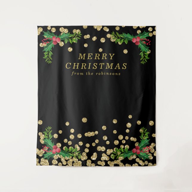 Backdrop Gold Black Merry Christmas Holly Glitter Tapestry (Front)