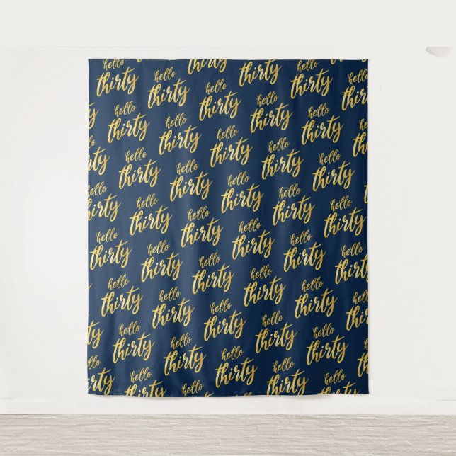 Backdrop Gold Navy "Hello Thirty" Birthday Tapestry (Front)