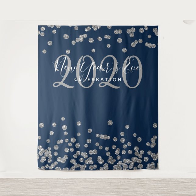 Backdrop New Year's Eve Silver Navy Blue Confetti Tapestry (Front)