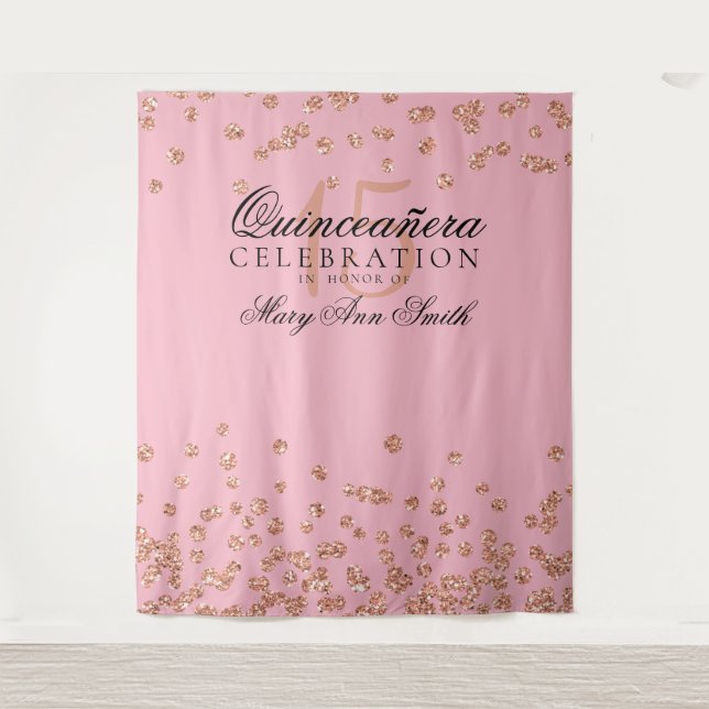 Backdrop Quinceanera Party Rose Gold Confetti Tapestry (Front)