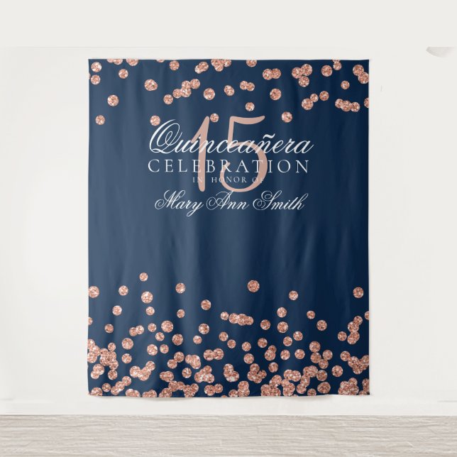 Backdrop Quinceanera Party Rose Gold Navy Confetti Tapestry (Front)