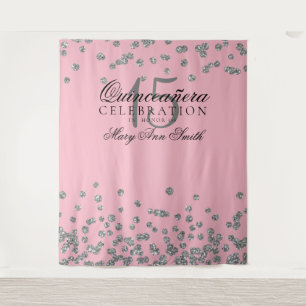 Backdrop Quinceanera Party Silver Pink Confetti Tapestry