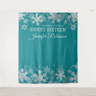 Backdrop Sweet 16 Silver Teal Winter Snowflakes Tapestry