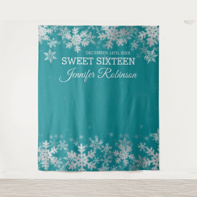 Backdrop Sweet 16 Silver Teal Winter Snowflakes Tapestry (Front)