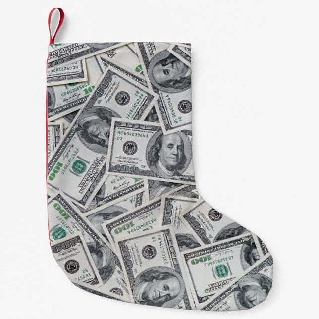 Background 100 Dollar Bills. Small Christmas Stocking (Front)