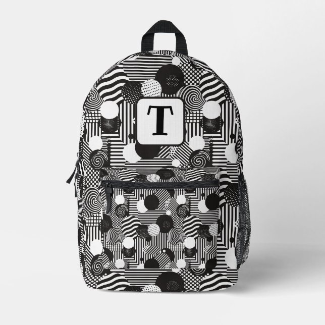 Background black & white abstract lines circles 1 printed backpack (Front)