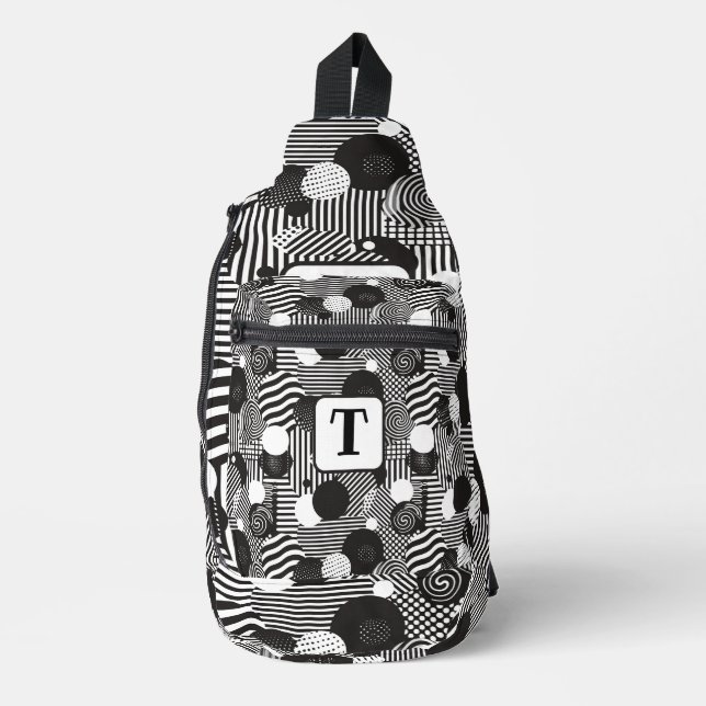 Background black & white abstract lines circles 1 sling bag (Front)
