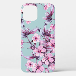 Background branch with pink cherry flowers. Seamle iPhone 12 Case
