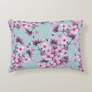 Background branch with pink cherry flowers. Seamle Decorative Cushion