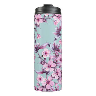 Background branch with pink cherry flowers. Seamle Thermal Tumbler